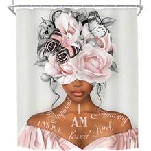 浴帘，66x72 英寸，牡丹花卉非洲裔美国人励志名言浴室窗帘灰色蝴蝶面料浴室配件装饰带挂钩浴室装饰 - A1-粉紅色 - 查看 5