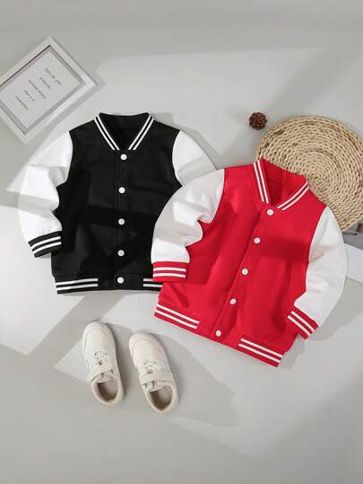 2pcs/Set Toddler Boys' Casual Fashionable Street Style Vintage Sports Collar Solid Color Long Sleeve Jacket Bomber Coat, Suitable For Outdoor, Back To School, Commute, Social Gatherings, Spring/Autumn/Winter