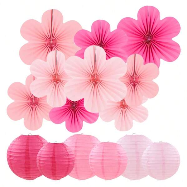15 piezas Decoraciones de fiesta rosas, Linternas de papel rosas para colgar, Abanicos de papel rosas, Decoración de pared para cumpleaños, Boda, Telón de fondo de fiesta, Decoraciones colgantes para fiestas