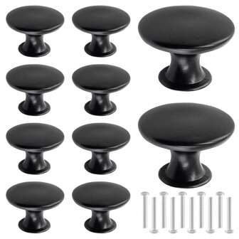 10pcs Flat Black Cabinet Knobs, Round Modern Black Drawer Pulls Hardware, For Kitchen Cabinets, Vanity, 30mm Diameter
