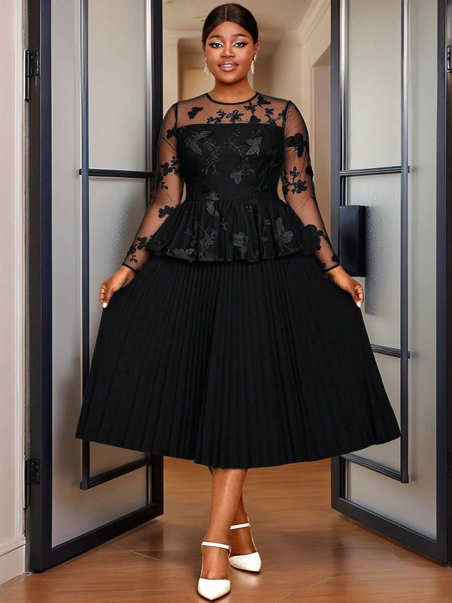 Plus Size Women Black 3D Butterfly See Through Peplum Dress Long Sleeve Elegant Pleated Evening Party Dress - Black - View 1