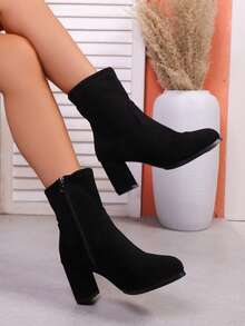 Autumn And Winter Pointed Toe Thick Heel Elastic Mid-Calf Boots, High Heeled Sock Boots, British Style Ankle Boots For Teen Girls