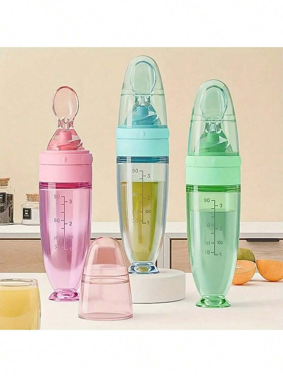 Bình sữa silicon nhiều màu 90ml/3OZ mới, Bình đựng cháo kèm thìa ăn bằng silicon mềm, cốc hút và nắp chống bụi, bình sữa bóp mềm - Nhiều màu - Xem 1