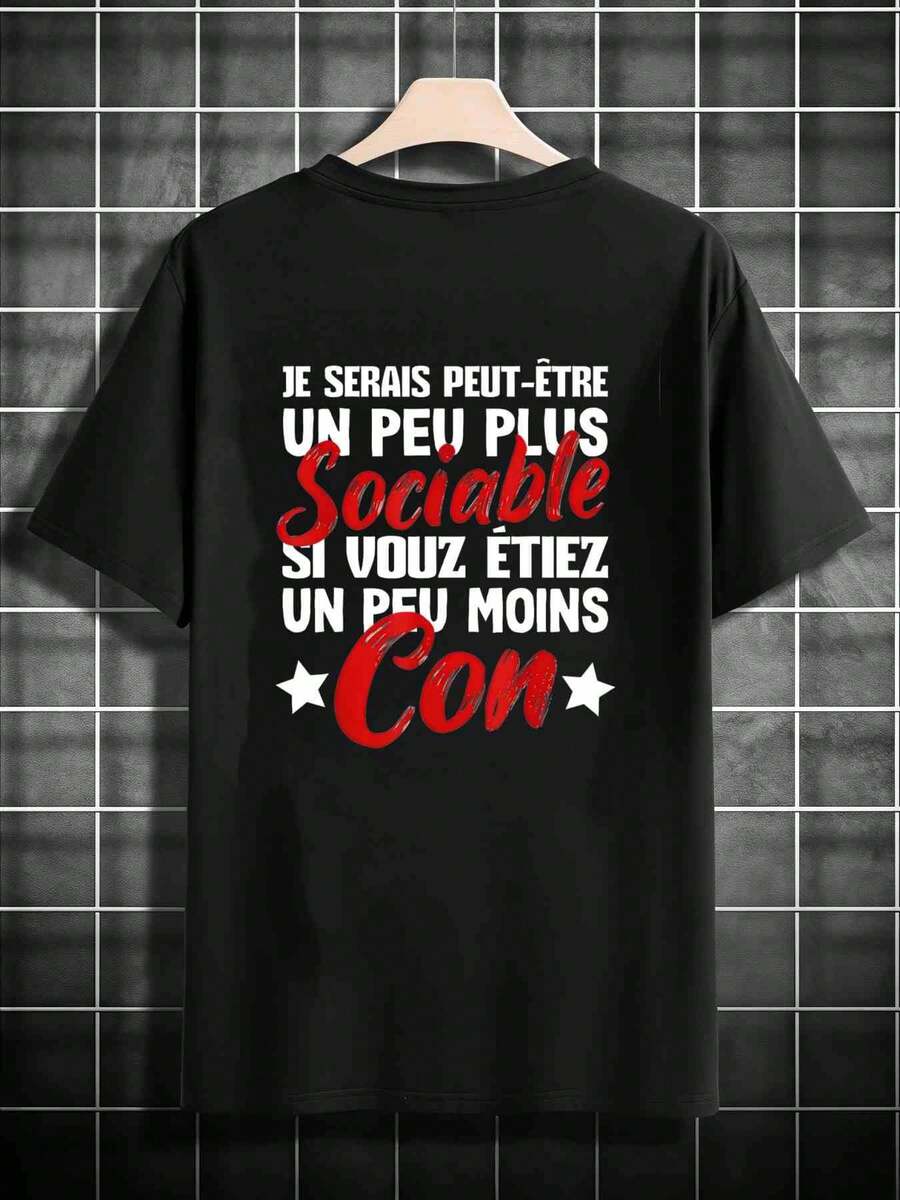 T-Shirt With French Text: JE SERAIS PEUT - ÊTRE UN PEU PLUS Sociable, Men's Round-Neck T-Shirt, 220 G/M², For Summer, Made Of Pure Cotton, Short Sleeves (1 Piece) - màu đen - Xem 1