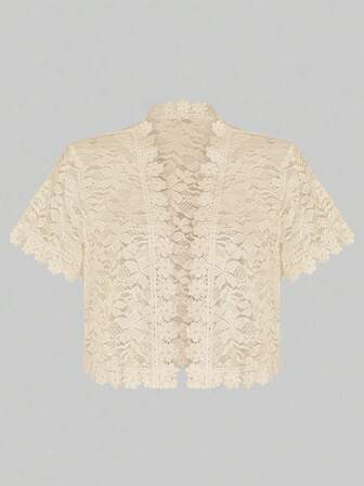 Yukiwi Plus Size Women Camellia Lace Patchwork Short Sleeve Open Front Jacket For Holiday Party Clothes