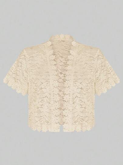 Yukiwi Plus Size Women Camellia Lace Patchwork Short Sleeve Open Front Jacket For Holiday Party Clothes