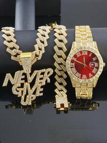 1 套 Bling Bling“永不放弃”吊坠项链、链、手链、男士手表、经典配饰,馈赠亲朋好友的绝佳礼物 - 紅色 - 查看 7