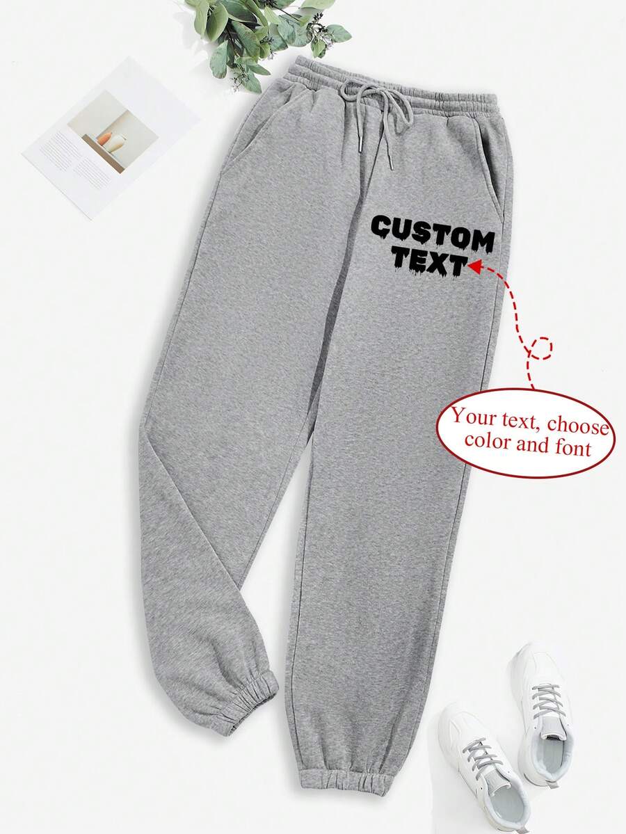 Customized Women's Sports Sweatpants - Customized Fleece And Thickened Pants, Add Your Text, Choose Font And Color, Sweatpants Customization, Custom Autumn And Winter Special Sports Pants, Design Your Own Personalized Pants As A Gift For Girlfriend, Family, Yourself, Anniversary, Festival, Etc. Customized Gifts, Customized Pants, Customized Text Pants, Women's Pants - Light Grey - View 1