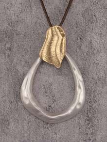 1pc Minimalist Gold & Silver Tone Alloy Bohemian Water Drop Pendant Necklace, Vintage Artistic Beach Style Necklace For Women, Couples, Daily Wear - Wax Rope - View 4