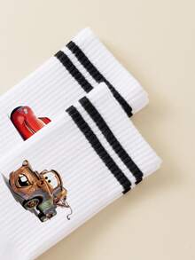 Disney 1/5双装汽车卡通图案中筒袜，运动双条纹，可爱卡通设计，防臭透气休闲百搭船袜，适合学生/成人作为礼物和日常穿着，袜子 - 白色 - 查看 7