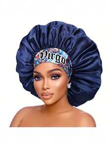Constellation Print Satin Sleep Cap, Silk Sleep Hat, Soft & Comfortable, Suitable For Daily Makeup And Face Washing, Women Shower Cap (Random Print) Hair Sleep Cap Sleep Bonnet - Navy Blue-constellation (SM11) - View 25