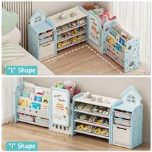 Foldable Kids Toy Storage Organizer With 10 Removable Bins And 3-Tier Bookshelf, 3 In 1 And 4 In 1 Multifunctional Large Toy Organizer With Drawing Board For Kids Bedroom Playroom Living Room - 4 in 1 Off-Light Blue - 查看 8