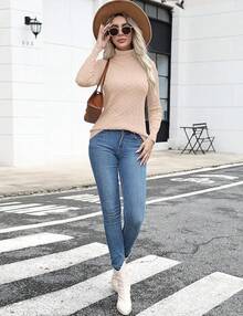 Women's Turtleneck Sweaters Knit Long Sleeve Casual Pullover Fall Tops - Màu be - Xem 4