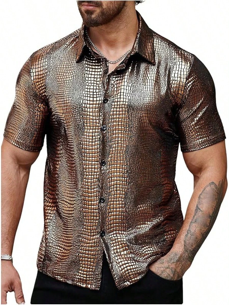 Men's 70s Disco Top Pattern Button Down Short Sleeve Shirt Rave Party PU Leather-Shirt - Bronze - View 1