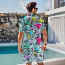 80s 90s Men's Hawaiian Outfits 2 Piece Shirt And Shorts Sets Button Down Beach Suits Disco Partyhalloween - Màu 4 - Xem 9