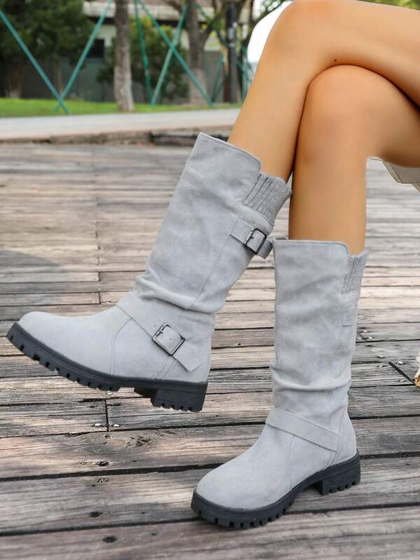 Women's Vintage Pleated Mid-Calf Boots, Slim Fit Cowboy Riding Boots For Autumn/Winter