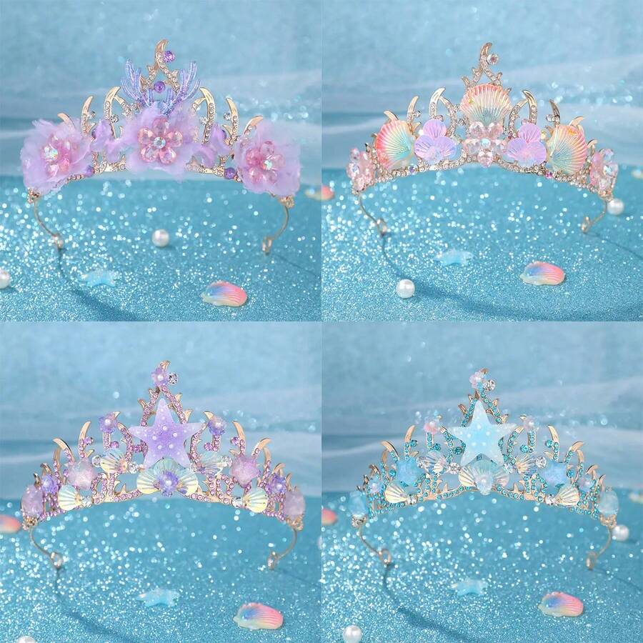 1件海洋风手工皇冠，饰有海星、美人鱼尾巴和贝壳，成人派对/生日/婚礼新娘头饰情人节配饰