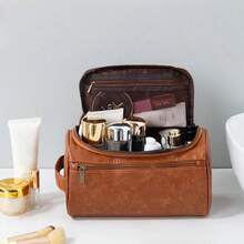 1 pieza Bolsa de aseo de viaje de negocios para hombres, bolsa de almacenamiento de aseo impermeable de cuero, organizador de cosméticos portátil, estuche para kit de afeitado, accesorio de baño colgante, estilo vintage, diseño de lujo, regalo perfecto para novio, esposo, padre, pareja - Marrón - Ver 3