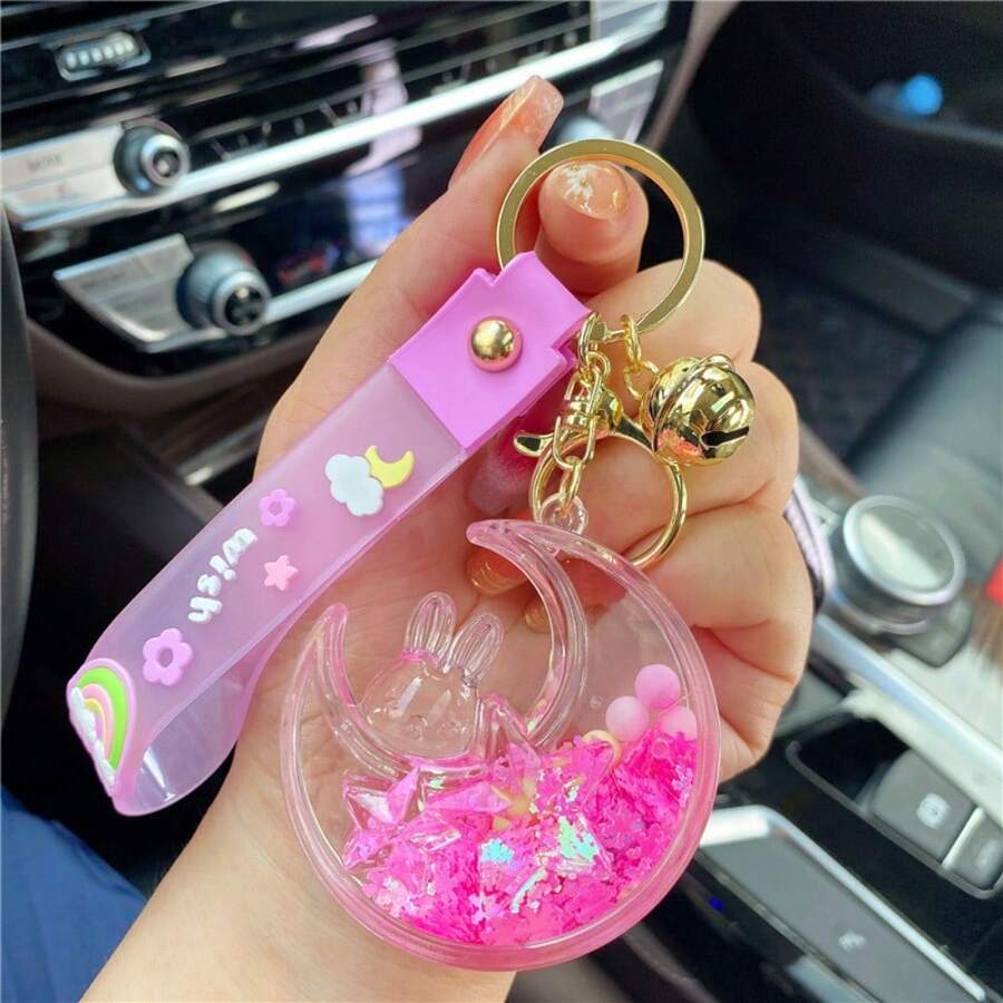 2025 New Creative Cartoon Moon Rabbit Quicksand Keychain Pendant Backpack Pendant Bag Pendant Small Gift Cute Quicksand Pendant Men's And Women's Fashion Keychain Car Keychain Send Family Friends Christmas Holiday Gift Accessories - 紫色 - 查看 1