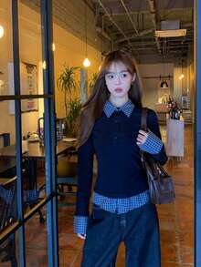 女式 Polo 领二合一长袖 T 恤，修身设计