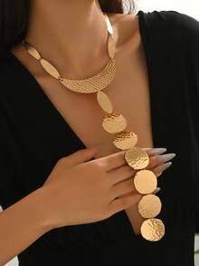 1pc Fashionable Minimalist Versatile Creative Metal Y-Shaped Necklace, Geometric Asymmetrical Circle Oval Moon Multi-Shape Hammered Metallic Combination Y-Shaped Pendant Necklace, Suitable For Women's Daily, Festivals, Parties, Formal Wear - Golden - View 2