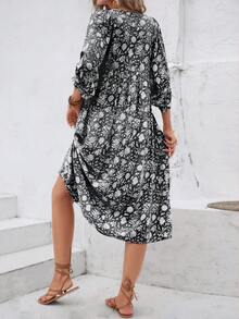 Allover Floral Print Smock Dress - Black - View 2
