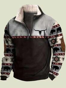Sudadera con bloques de color estilo western americano, estampado de toros y bisontes, cierre de media cremallera - N2KQ5 - Ver 3