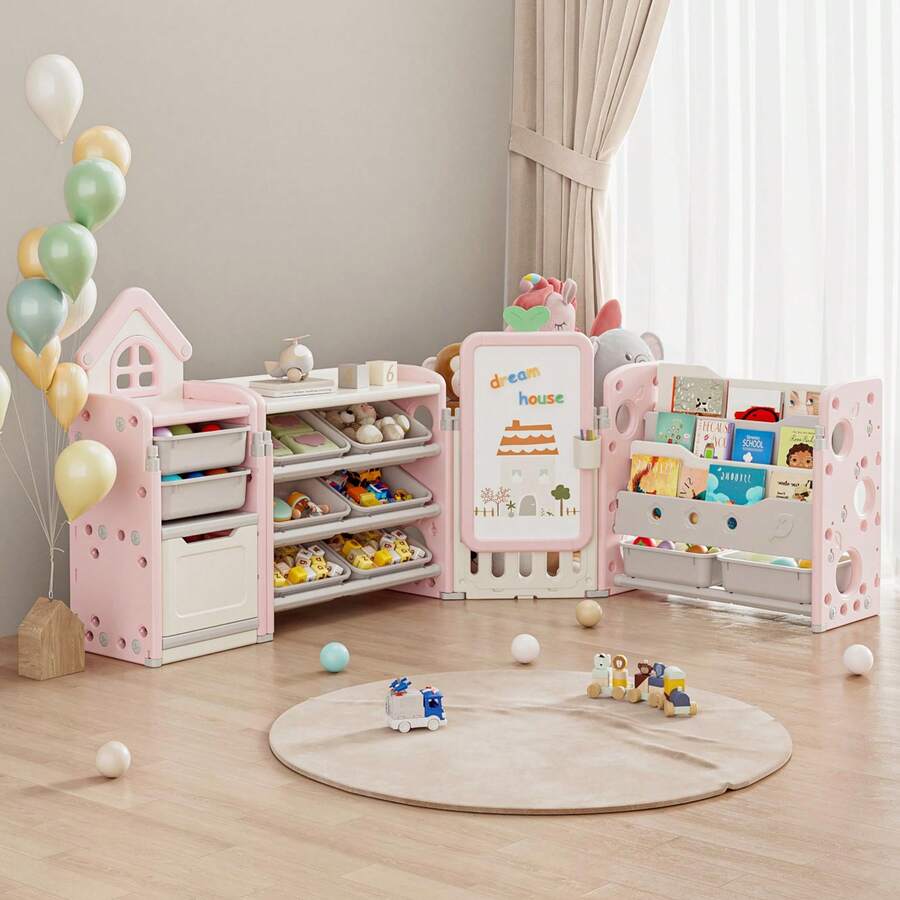 Foldable Kids Toy Storage Organizer With 10 Removable Bins And 3-Tier Bookshelf, 3 In 1 And 4 In 1 Multifunctional Large Toy Organizer With Drawing Board For Kids Bedroom Playroom Living Room - 4 在 1 Off-Light Pink - 查看 1