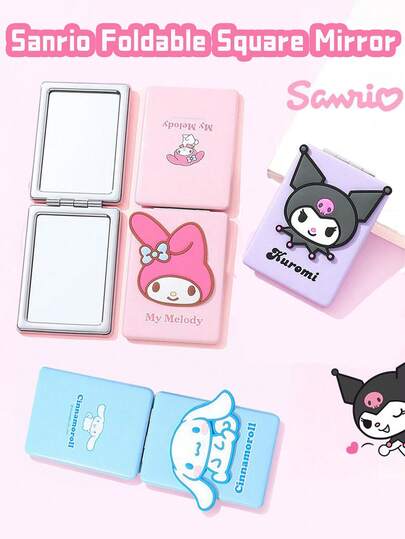 Sanrio-lizenzierter Kompaktspiegel, quadratischer Stil, doppelseitige Vergrößerungs- und normale Spiegel, Kanten mit Metallbesatz, langlebig und nicht abnehmbar, PU-Material mit 3D-Spielzeugdesign, platzsparend, dünn und kompakt, tragbar für Reisen und den täglichen Gebrauch, perfekt für Mädchen und Frauen, Stile My Melody, Kuromi, Cinnamoroll