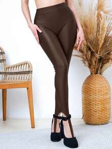 Fashionable Tight-Fitting Sexy Stirrup Leggings, Casual Wear For Parties, Spring/Autumn - Chocolate Brown - View 2
