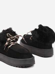Lace-Up Snow Boots With Thick Sole And Fur - Black - View 6