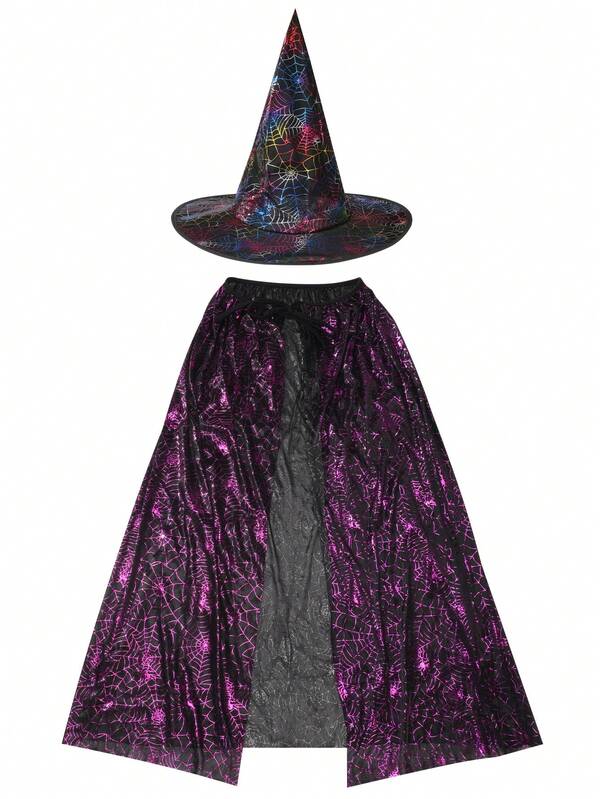Set da 3 pezzi Mantello, cappello da strega con ragno viola e zucca per travestimento di Ognissanti