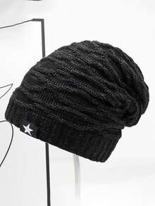 Nuovo berretto invernale/autunnale imbottito, berretto lavorato a maglia con toppe a stella a cinque punte alla moda, cappello lavorato a maglia versatile con motivo argyle jacquard, accessorio invernale soffice