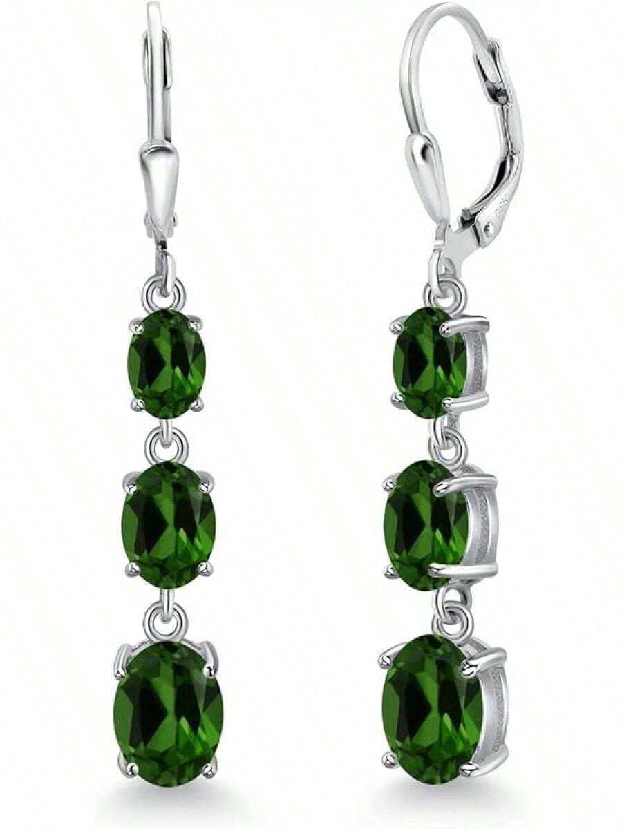 Gem Stone King 3-Stone Leverback Drop Dangle Earrings Women | 925 Sterling Silver | Gemstone Birthstone | Oval 8X6MM 7X5MM And 6X4MM | Fine Jewelry Gifts Her Mom Women Wife - 鉻透輝石 - 查看 1