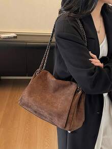 高端復古女款秋冬百搭鏈條單肩包 大容量斜挎托特包 適合上班通勤 - 咖啡 - 查看 4