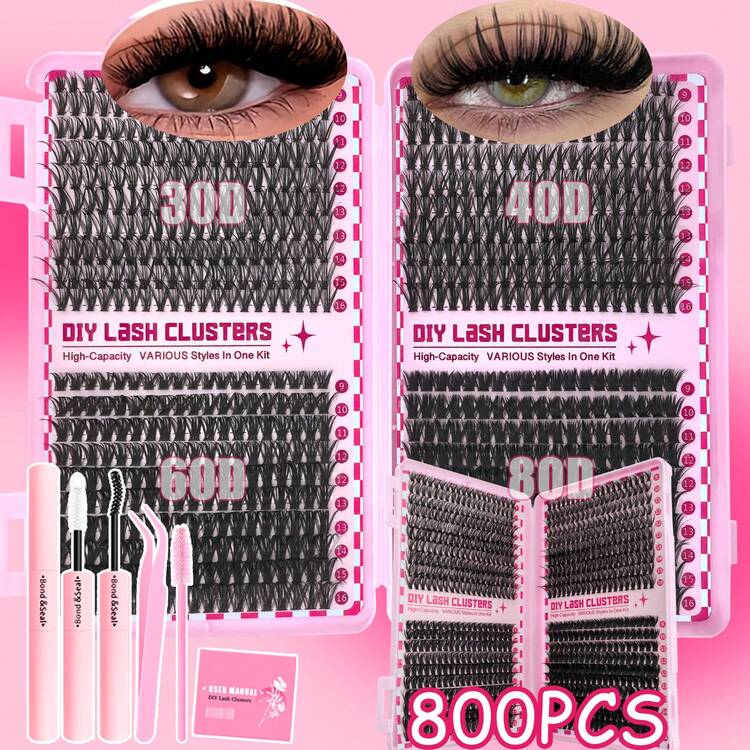 800/280pcs Mixed Length False Eyelashes, Including 30D, 40D, 60D, 80D Lash Clusters, Comes With Eyelash Glue And Brush, Suitable For DIY At Home, Beginner-Friendly, Natural & Thick, Ideal For Creating Bold Makeup Looks. Eyelash Cluster Set, Eyelashes, False Eyelashes - Black - View 9