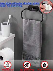 Bathroom Wall-Mounted Towel Rack, Stainless Steel Towel Ring For Kitchen, Bathroom And Laundry Room, No Drilling Required To Hold Towels And Rags, Heavy-Duty Towel Hook, Face Towel Rack With Hooks - Black - View 6