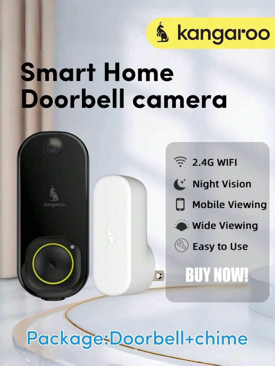 Kangaroo Smart Wireless Doorbell Camera With Free Chime,Wifi HD Security Camera With Night Vision,Motion Sensor, Battery Power, Control Home Security Via App,APP Alerts ,Support Alexa,Easy Installation