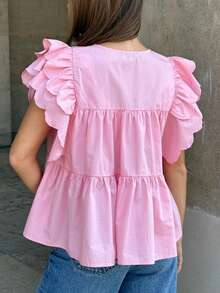 Blusa con mangas abullonadas y volantes, estilo babydoll con volantes escalonados, blusa fluida y elegante para salir, Y2K - Rosa - Ver 3