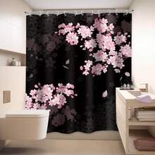 樱花浴帘，66x72 英寸，樱花花卉盛开的花朵春天日本亚洲美学面料防水涤纶浴室家居装饰套装带挂钩浴室装饰 - F-黑色 - 查看 5