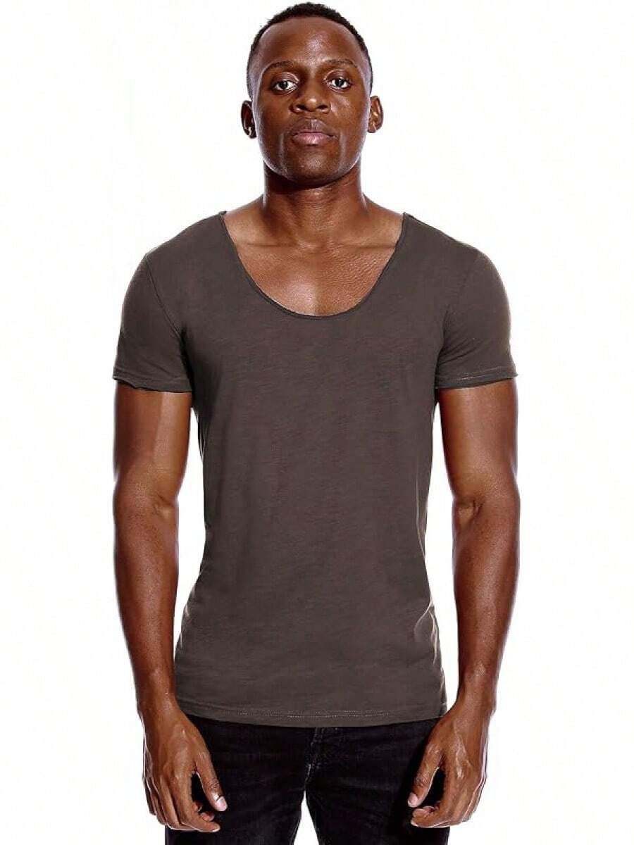 Deep V Neck T Shirt For Men Low Cut Scoop Tee Invisible Tshirt Vee Top - Dark Grey - Low Cut Vee - View 1