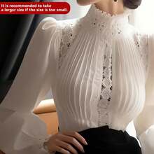 [2025 Women's Blouse] Premium Lightweight Women's Elegant White Hollow Bubble Sleeve Ruffle Collar Blouse Shirt | 2025 Solid Color Fashion T-Shirt | Four-Season Adult - 白色 - 查看 1