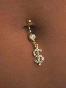 1pc Gold Dollar Sign Navel Piercing Jewelry, Fashionable Sparkling Sexy Body Jewelry For Women, Ideal For Summer Party Wear - Yellow Gold - View 1