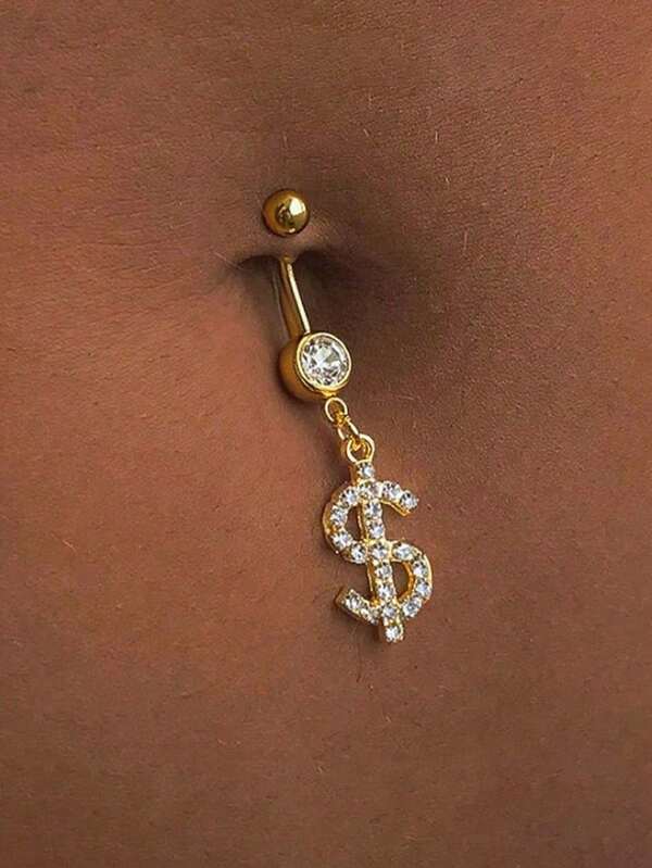 1pc Gold Dollar Sign Navel Piercing Jewelry, Fashionable Sparkling Sexy Body Jewelry For Women, Ideal For Summer Party Wear