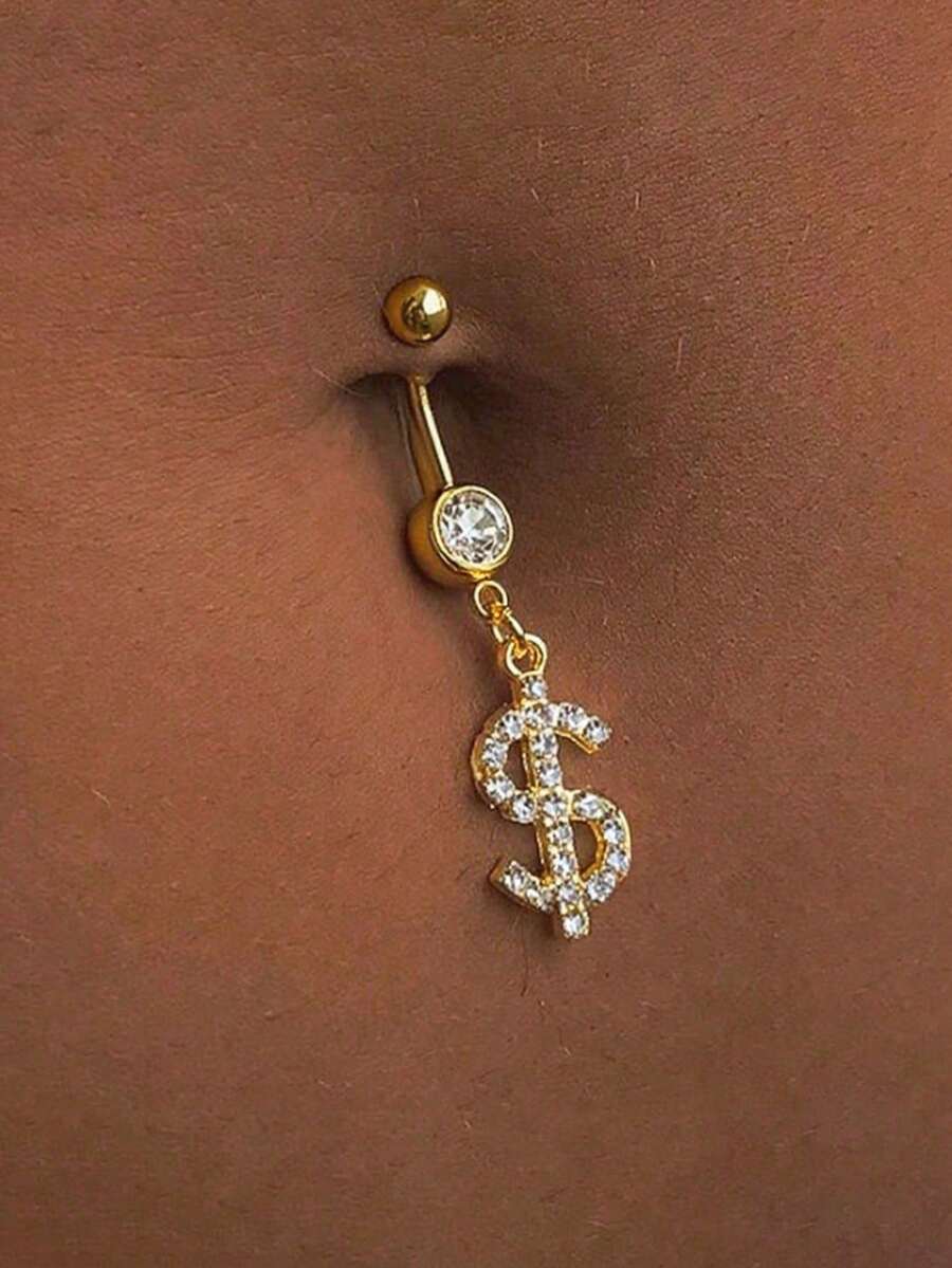 1pc Gold Dollar Sign Navel Piercing Jewelry, Fashionable Sparkling Sexy Body Jewelry For Women, Ideal For Summer Party Wear - Yellow Gold - View 1