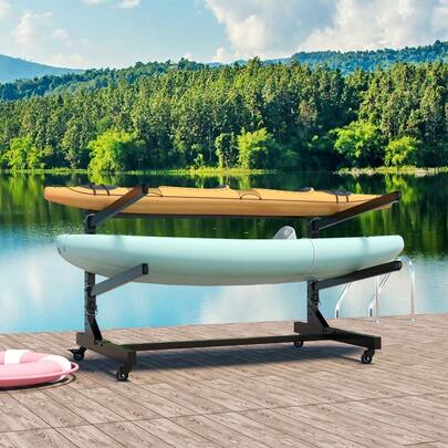 Freestanding Kayak Storage Rack Holds 2 Kayaks, Heavy-Duty Adjustable Stand With Lockable Wheels For Kayak, Canoe,  & Surfboard