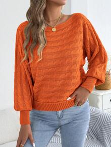 Casual Basic Wide Neckline Cable Knit Long Sleeve Pullover Sweater, Autumn/Winter - Orange - View 3
