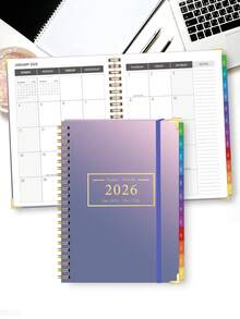 Planificador mensual de enero de 2026 a diciembre de 2026, planificador mensual, diario y semanal mínimo en tamaño A5 con contactos, grandes cuadrículas para escribir y notas, 8*6 pulgadas, calendario de planificación para maestros, uso de oficina, útiles escolares - Morado - Ver 2