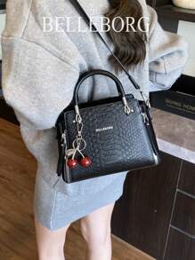 BELLEBORG 时尚通勤鳄鱼压纹女士手提包，带吊坠 - 黑色 - 查看 6