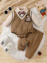 2pcs Baby Boy Collared Printed 3D Bowknot Bear Embroidered Bodysuit + Pants Set